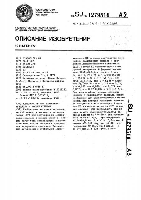 Катализатор для получения метанола и высших спиртов (патент 1279516)
