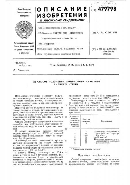 Способ получения люминофора на основе силиката иттрия (патент 479798)