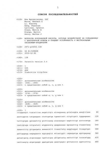 Молекулы нуклеиновой кислоты, которые воздействуют на субъединицу с вакуолярной атфазы и придают устойчивость к жесткокрылым насекомым-вредителям (патент 2644669)
