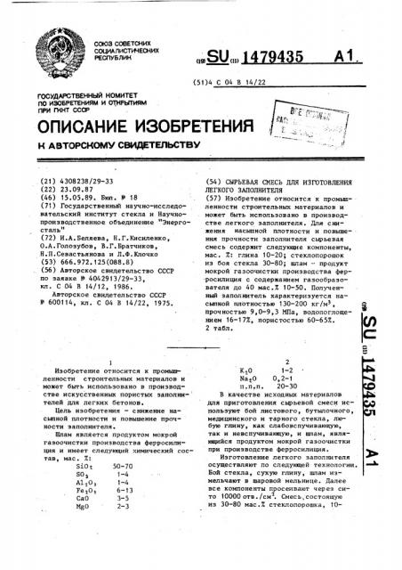 Сырьевая смесь для изготовления легкого заполнителя (патент 1479435)