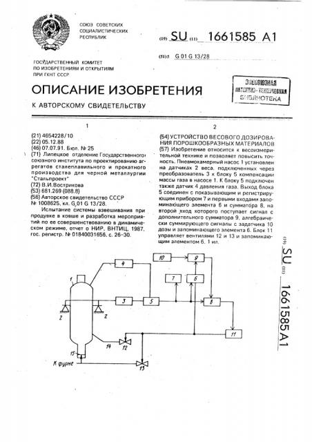 Устройство весового дозирования порошкообразных материалов (патент 1661585)