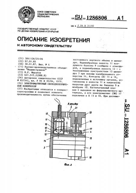 Электромагнитный свободнопоршневой компрессор (патент 1286806)