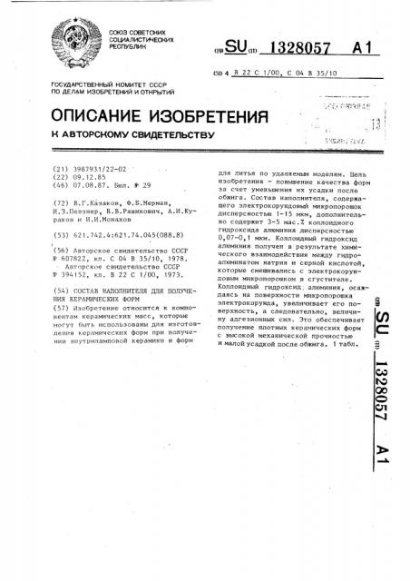 Состав наполнителя для получения керамических форм (патент 1328057)