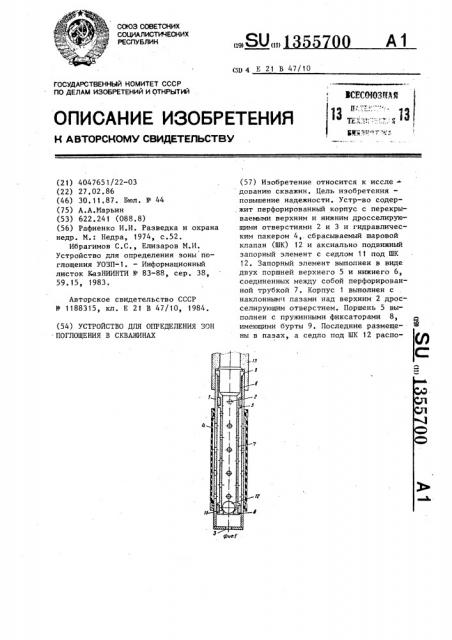 Устройство для определения зон поглощения в скважинах (патент 1355700)