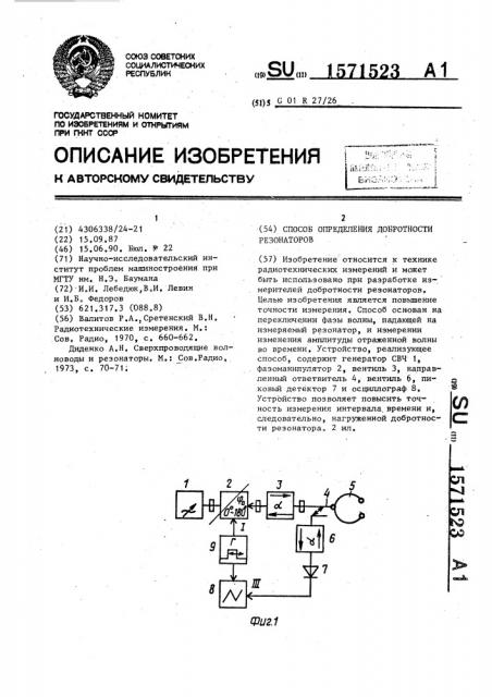 Способ определения добротности резонаторов и устройство для его осуществления (патент 1571523)