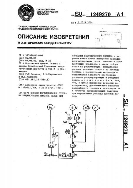 Способ регулирования степени рециркуляции дымовых газов при сжигании газообразного топлива (патент 1249270)