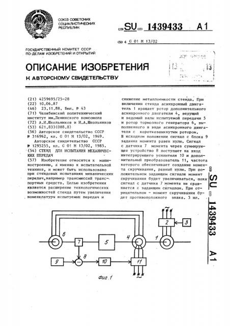 Стенд для испытания механических передач (патент 1439433)