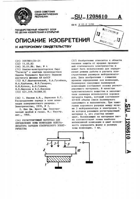 Регистрирующий материал для определения зоны ионизации нейтрализатора зарядов статического электричества (патент 1208610)