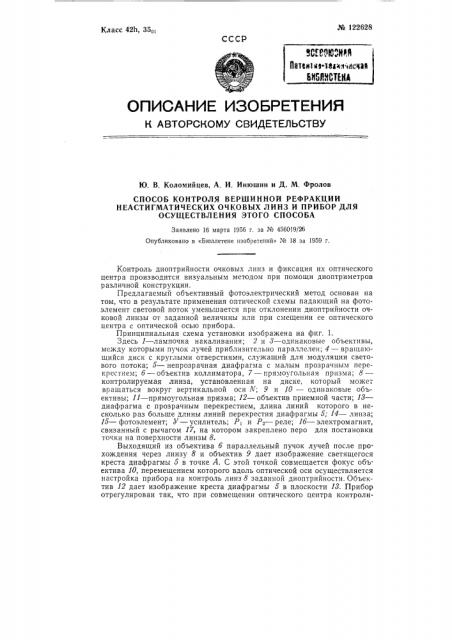 Способ контроля вершинной рефракции неастигматических очковых линз и прибор для осуществления этого способа (патент 122628)