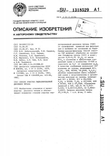 Способ очистки гидратированной двуокиси титана (патент 1318529)