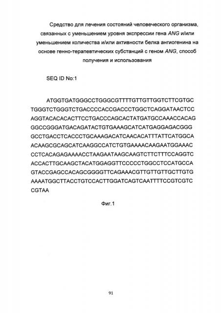 Средство для лечения состояний человеческого организма, связанных с уменьшением уровня экспрессии гена ang и/или уменьшением количества и/или активности белка ангиогенина на основе генно-терапевтических субстанций с геном ang, способ получения и использования (патент 2665771)