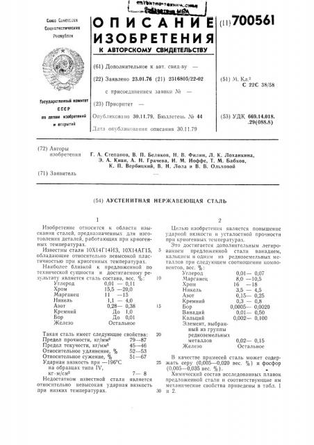 Аустенитная нержавеющая сталь (патент 700561)