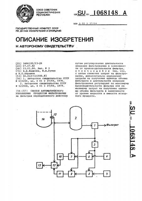Способ автоматического управления процессом фильтрования (патент 1068148)