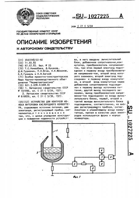 Устройство для контроля износа футеровки кислородного конвертера (патент 1027225)