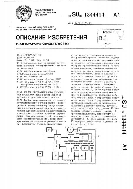 Способ автоматического управления процессом измельчения зерна и устройство для его осуществления (патент 1344414)