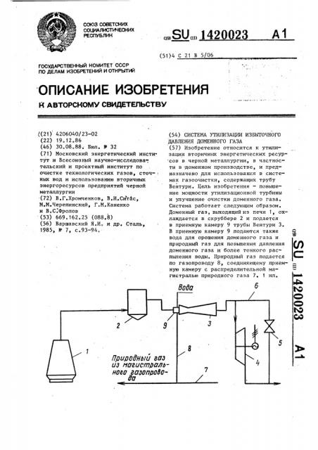 Система утилизации избыточного давления доменного газа (патент 1420023)