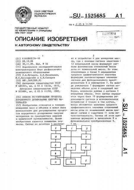 Способ регулирования процесса порционного дозирования сыпучих материалов (патент 1525685)