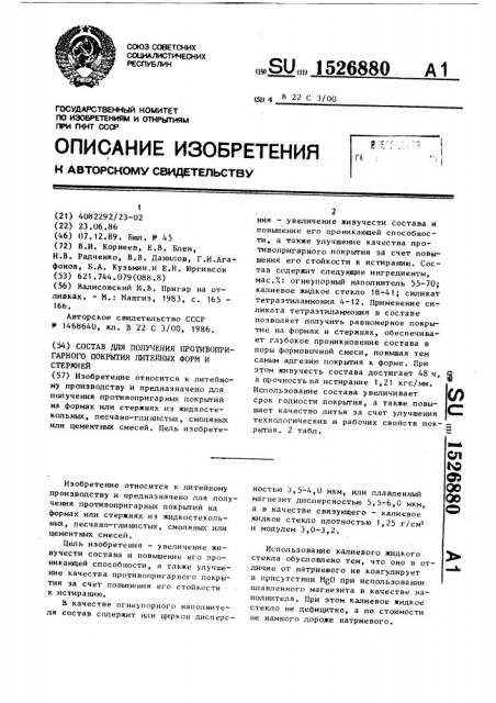 Состав для получения противопригарного покрытия литейных форм и стержней (патент 1526880)