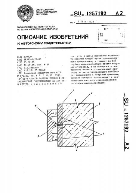 Способ заделки трещин в металлической гидроизоляции (патент 1257192)