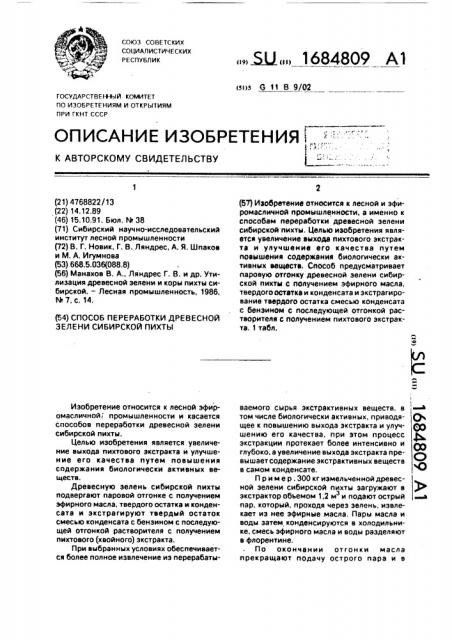 Способ переработки древесной зелени сибирской пихты (патент 1684809)