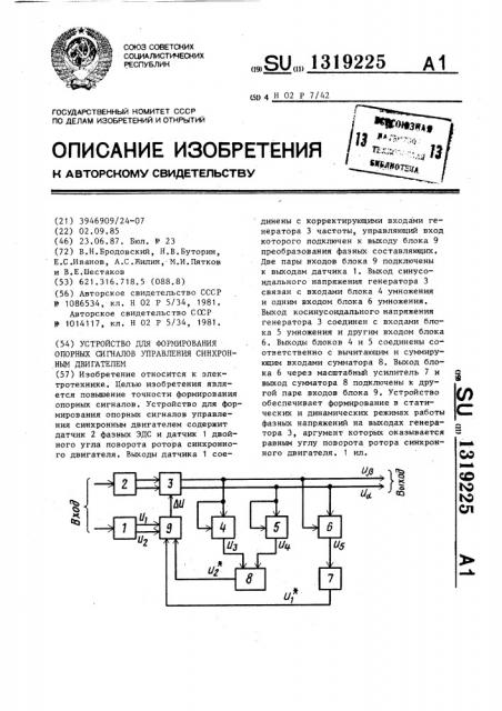 Устройство для формирования опорных сигналов управления синхронным двигателем (патент 1319225)