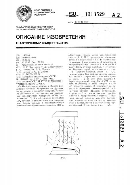 Пневмосепаратор с аэрофонтанирующим слоем (патент 1313529)