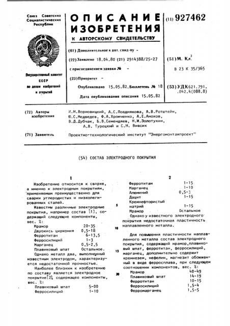 Состав электродного покрытия (патент 927462)