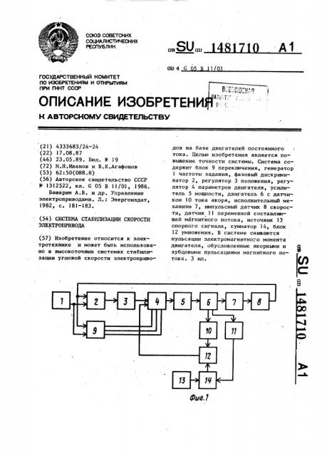 Система стабилизации скорости электропривода (патент 1481710)