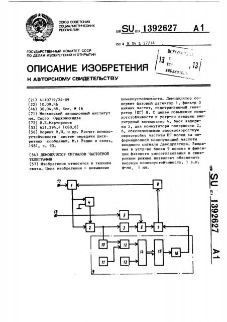 Демодулятор сигналов частотной телеграфии (патент 1392627)