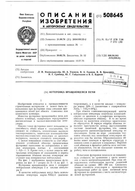Футеровка вращающейся печи (патент 508645)