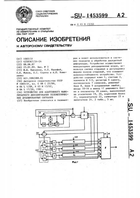 Устройство для адаптивного мажоритарного декодирования телемеханических дублированных сигналов (патент 1453599)