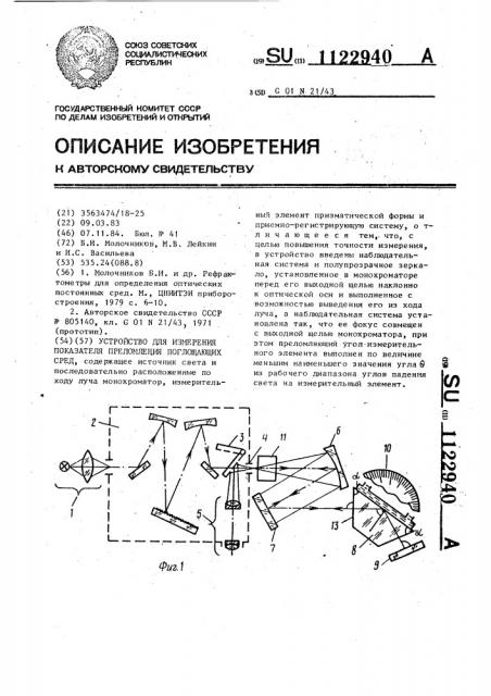 Устройство для измерения показателя преломления поглощающих сред (патент 1122940)