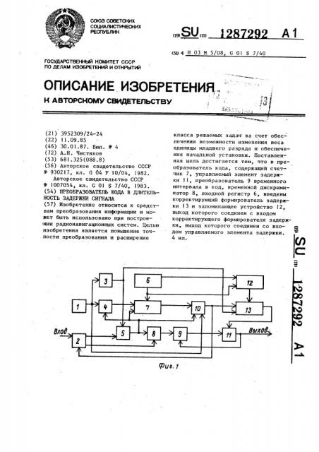 Преобразователь кода в длительность задержки сигнала (патент 1287292)