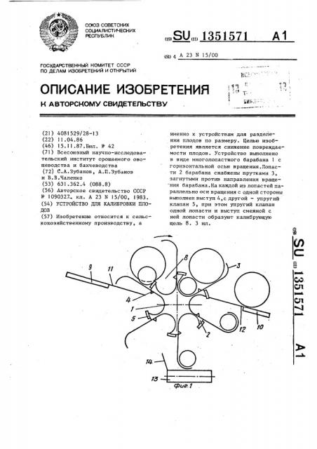 Устройство для калибровки плодов (патент 1351571)