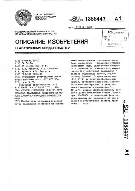 Способ извлечения меди из обработанных травильных растворов на основе аммиачно-хлоридных комплексов меди (патент 1388447)