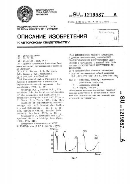 Циклические аналоги каллидина и других пахикининов, обладающие пролонгированным гипотензивным действием в сочетании с низкой или полностью отсутствующей миотропной активностью (патент 1219587)