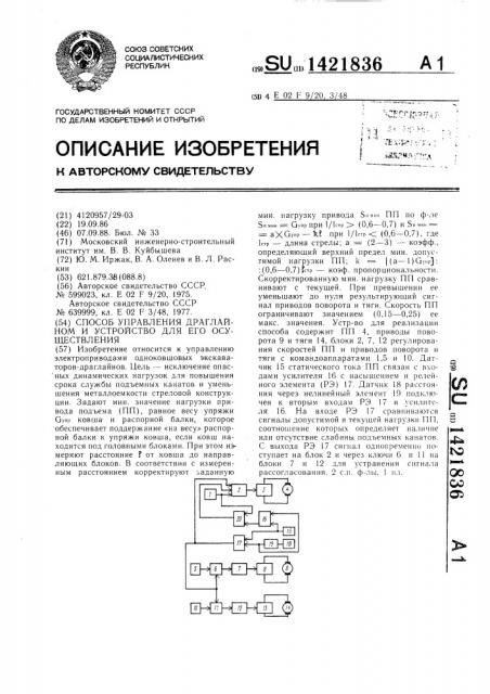 Способ управления драглайном и устройство для его осуществления (патент 1421836)