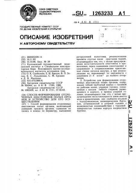 Способ формирования отсроченных анастомозов полых органов и устройство для его осуществления (патент 1263233)