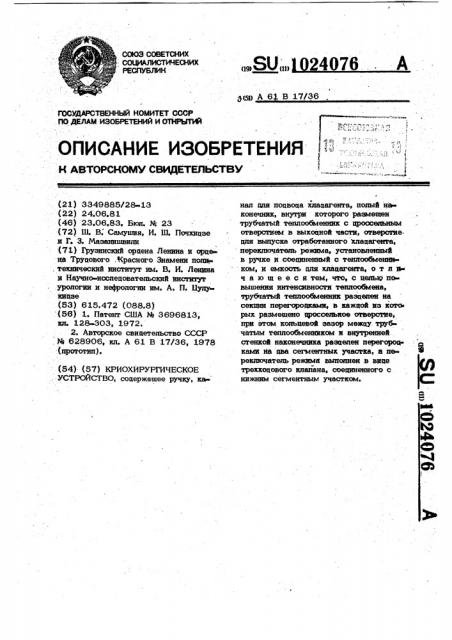 Криохирургическое устройство (патент 1024076)