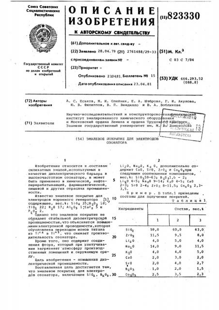 Эмалевое покрытие для электродовозонатора (патент 823330)