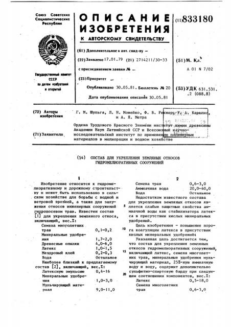 Состав для укрепления земляныхоткосов гидромелиоративныхсооружений (патент 833180)