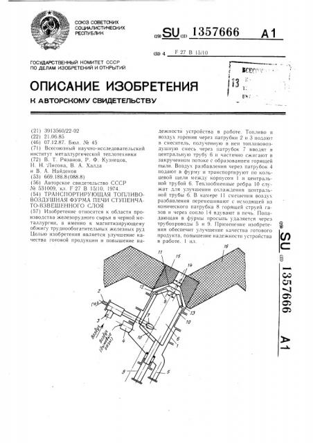 Транспортирующая топливовоздушная фурма печи ступенчато- взвешенного слоя (патент 1357666)