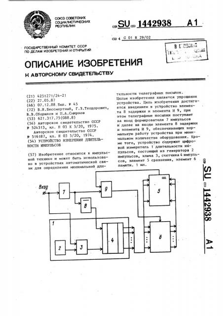Устройство измерения длительности импульсов (патент 1442938)