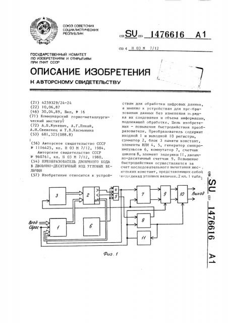 Преобразователь двоичного кода в двоично-десятичный код угловых величин (патент 1476616)