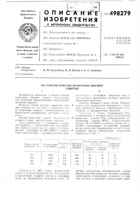 Способ очистки первичных высших спиртов или их смеси с углеводородами (патент 498279)