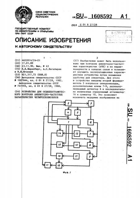 Устройство для осциллографического контроля амплитудно- частотных характеристик четырехполюсников (патент 1608592)