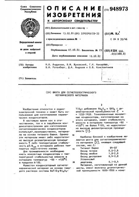 Шихта для сегнетоэлектрического керамического материала (патент 948973)