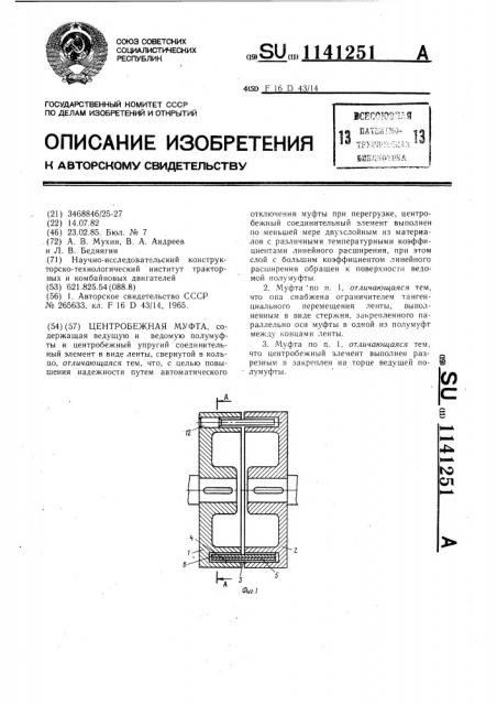 Центробежная муфта (патент 1141251)