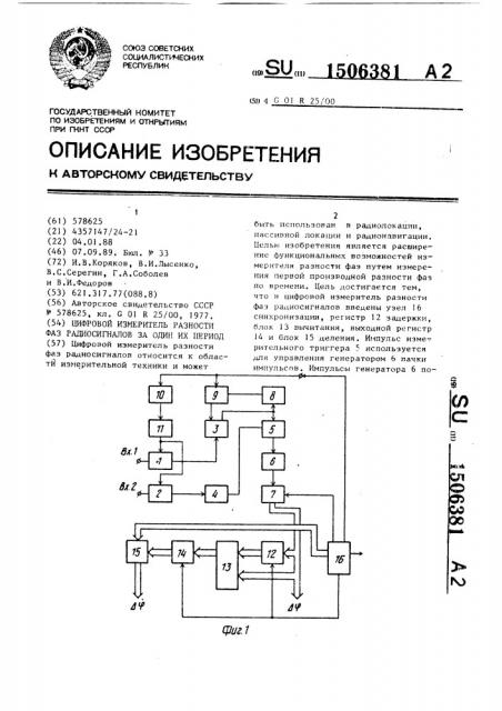 Цифровой измеритель разности фаз радиосигналов за один их период (патент 1506381)