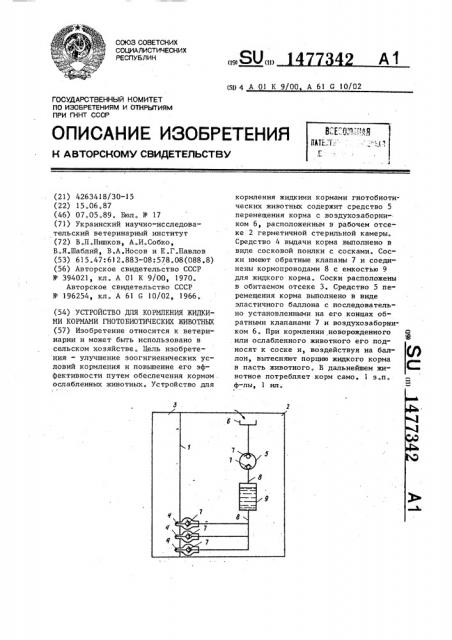 Устройство для кормления жидкими кормами гнотобиотических животных (патент 1477342)
